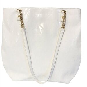 Michael Kors White Jet Set‎ Monogram Logo Tote with Gold Chain Detail